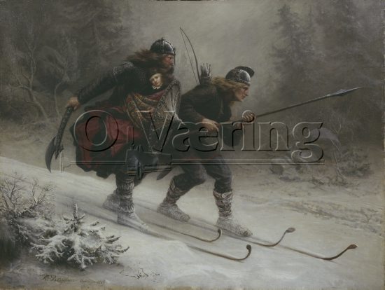 Soldiers for the Norwegian King Sverre, Torstein Skevla and Skjervald Skrukka carrying the king's son Hakon Hakonsson,