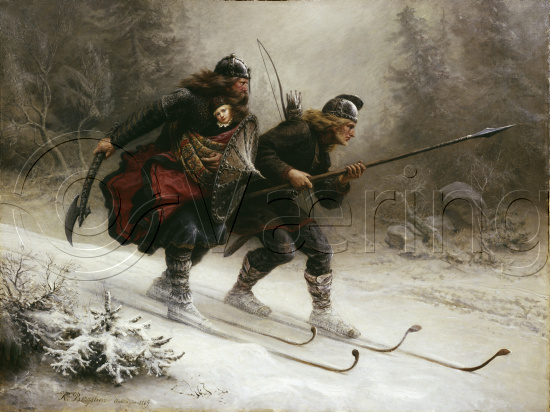 Soldiers for the Norwegian King Sverre, Torstein Skevla and Skjervald Skrukka carrying the king's son Hakon Hakonsson, (oil on canvas)