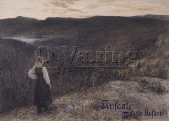 Christian Skredsvig (1854-1924), 
Size: 46x63.5 cm, / Akvarell, Kull
Location: Private, 
Photo: O.Vaering. 
Theme: Valdresvisa