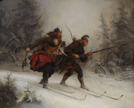 Soldiers for the Norwegian King Sverre, Torstein Skevla and Skjervald Skrukka carrying the king's son Hakon Hakonsson, (oil on canvas)