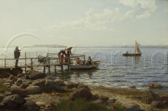 Gently rippling waters reflect a serene sky as individuals gather on a wooden pier, engaging with a small boat moored below. A sailboat drifts lazily in the background, suggesting a calm, maritime scene likely set during a tranquil, sunny day.
