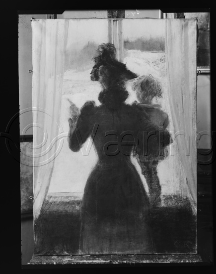Glassplate og negativ film
Interiør med 2-3 figurer / fotoeske