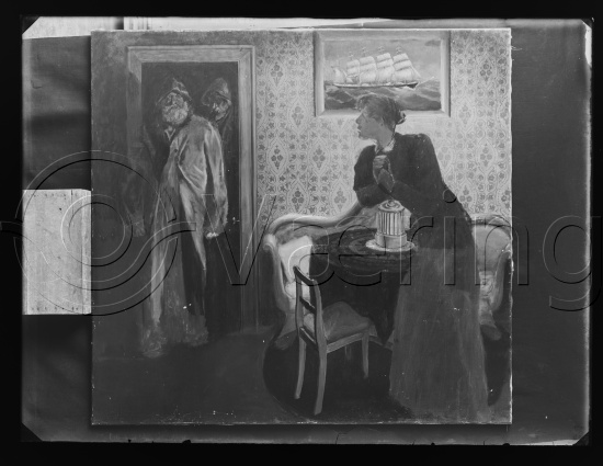 Glassplate og negativ film
Interiør med 2-3 figurer / fotoeske