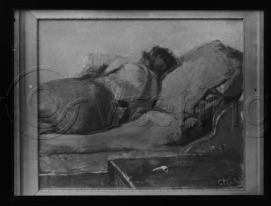 Glassplater i fotoeske med tittel interiør med 1 figur / mann