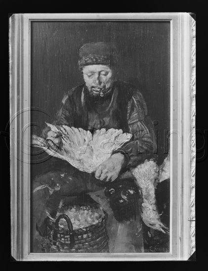 Glassplater i fotoeske med tittel interiør med 1 figur / mann