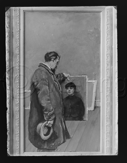 Glassplater i fotoeske med tittel interiør med 1 figur / mann