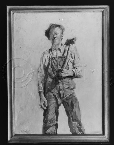 Glassplater i fotoeske med tittel interiør med 1 figur / mann