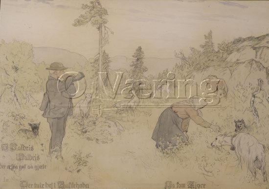 Christian Skredsvig (1854-1924), 
Size: 45x65 cm, Akvarell og Kull
Location: Private, 
Photo: O.Vaering. 1983
Theme: Valdresvisa