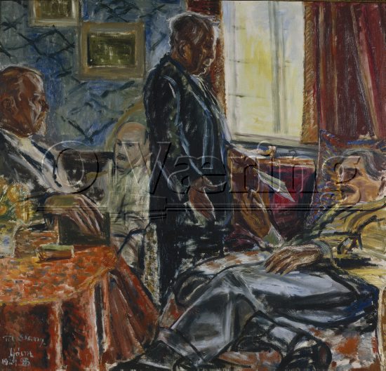 Jørgen Breder Stang (1874-1950) i chaiselong.
Jens Thiis (1870-1942) ved bordet. 
Thorvald Erichsen (1868-1939) i sofa. 
Jørgen Breder Stang, hadde besøk av flere kunstnere i 1920- og 1930-årene, til Kapteinsgården om sommeren. Mange var prominente kunstnere og samfunnsengasjerte personligheter i sin samtid.